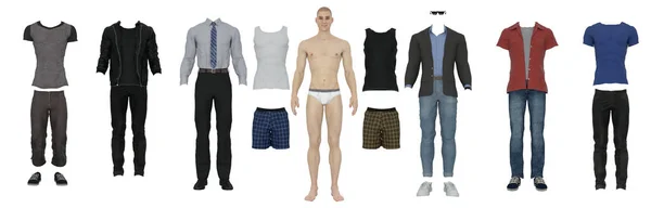 Render Paper Doll Man Different Various Outfits Modern Casual Stylish — Stockfoto
