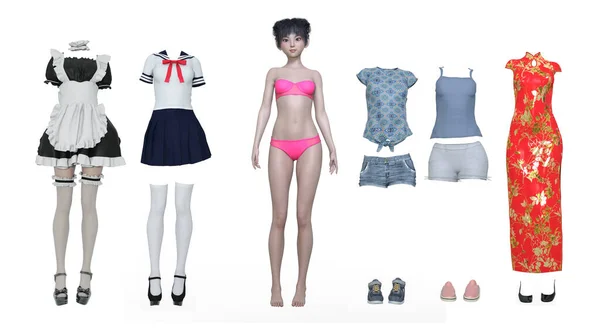 Render Kawaii Paper Doll Girl Different Various Outfits Modern Casual — ストック写真