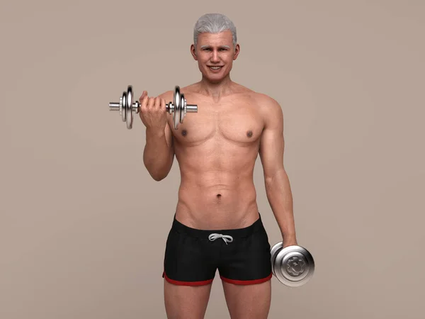 Render Healthy Senior Man Doing Biceps Curl Exercises Fit Mature — Stock Fotó