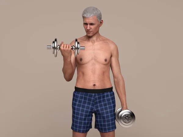 Render Healthy Senior Man Doing Biceps Curl Exercises Fit Mature — Stockfoto