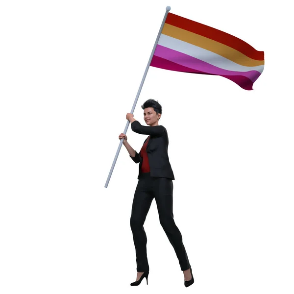 Render Woman Who Lesbian Holding Waving Pride Lesbian Flag Her — ストック写真