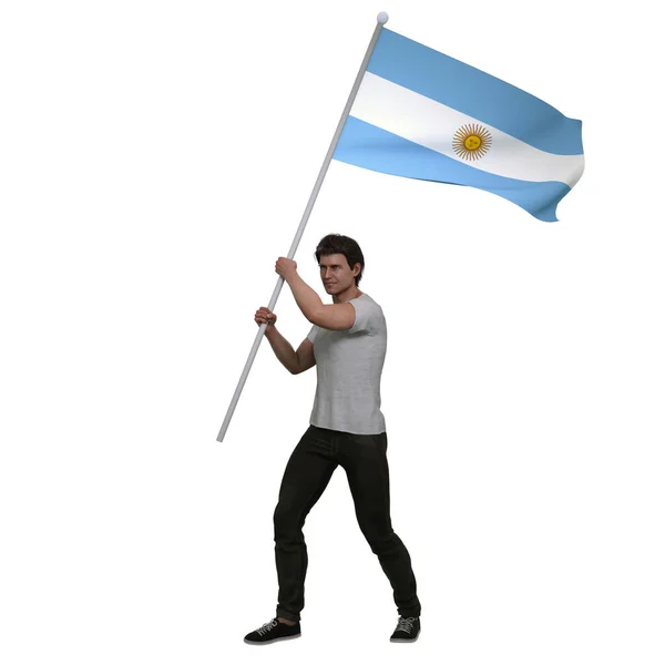 Render Argentyńczyk Trzyma Flagę Argentyny Macha Nią Uzmysłowić Sobie Ważne — Zdjęcie stockowe