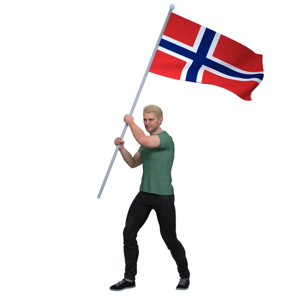 Render Homem Norueguês Está Segurando Acenando Bandeira País Noruega Para — Fotografia de Stock