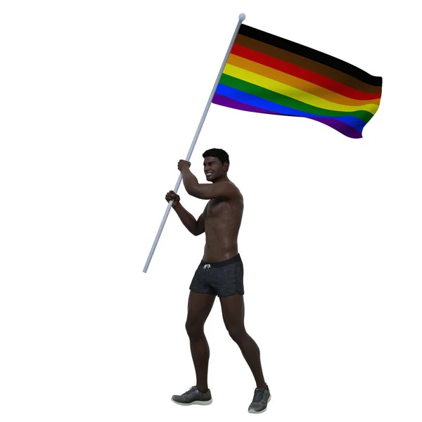 Render Black Man Who Gay Holding Waving Pride Rainbow Flag — ストック写真