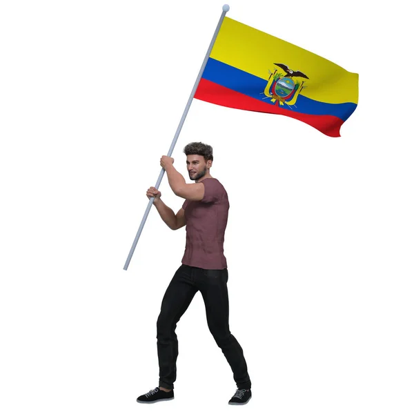 Render Egy Ecuadori Férfi Tartja Lengeti Ecuadori Ország Zászlaját Hogy — Stock Fotó