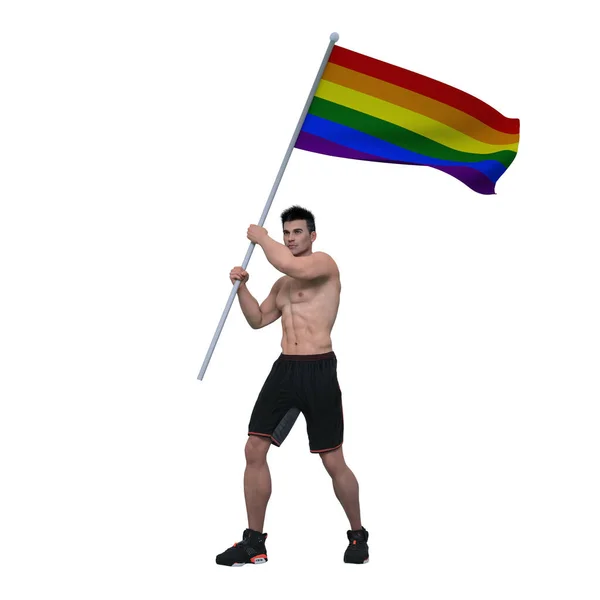 Render Caucasian Man Who Gay Holding Waving Pride Rainbow Flag — 스톡 사진