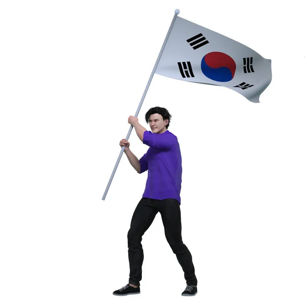 Render South Korean Man Holding Waving South Korea Country Flag — Fotografia de Stock