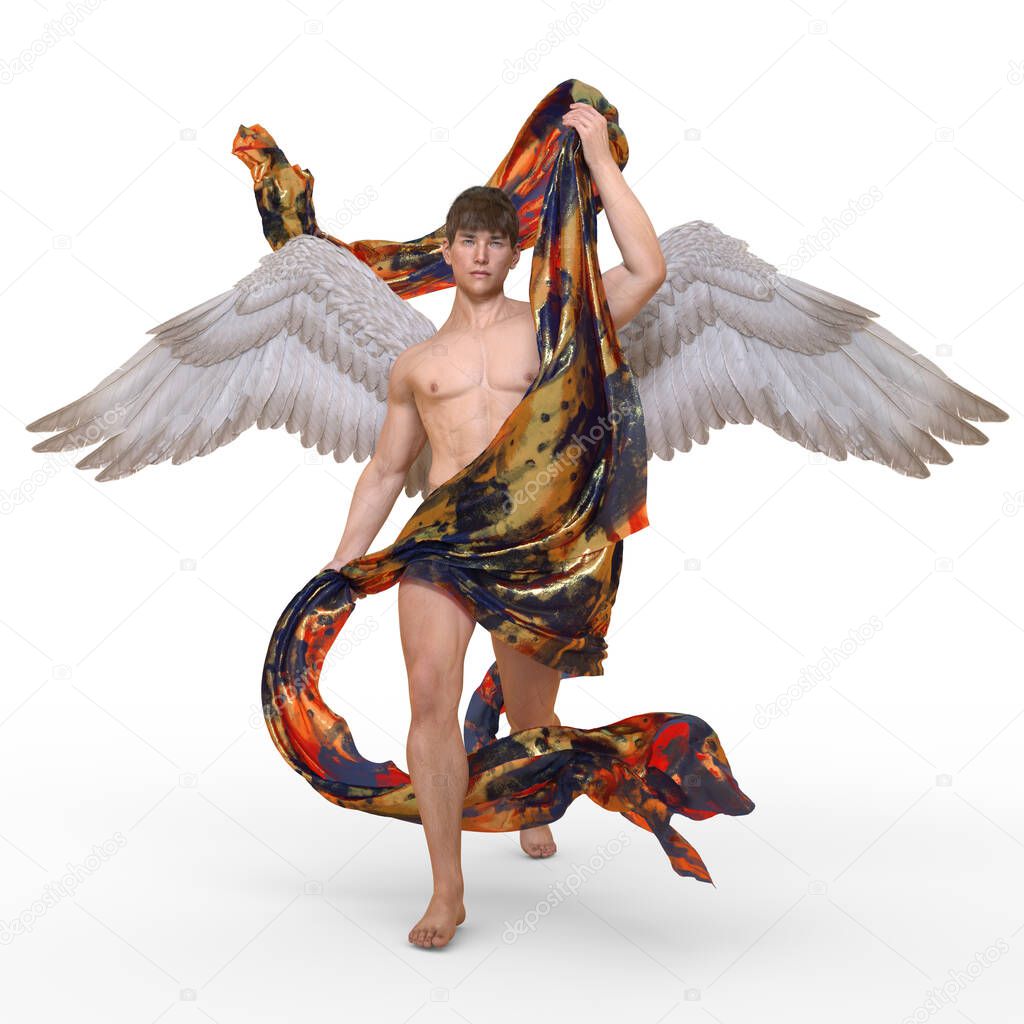 3D Render : Portrait of handsome  male angel with the dynamic fabrics, pin-up concept, super hero concept