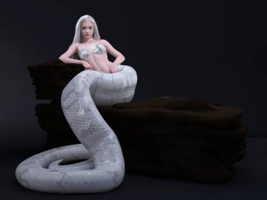 3D Render : A female white snake demon character is sitting on the rock in the studio background