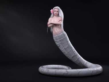 3D Render : A female white snake demon character with the pink peony flower at her hair in the studio background
