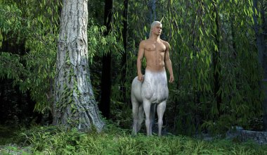 3D Render : portrait of handsome male centaur in the green willow forest with depth of field, centaur breed hybrid with unicorn horn