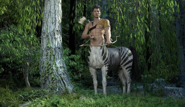 3D Render: Yeşil söğüt ormanındaki yakışıklı erkek sentorun portresi, tarlanın derinliği, sentor cinsi Zebra ile melez. 