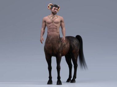 3D Renderleme: Yakışıklı erkek sentorun portresi stüdyo arka planıyla vücuduna poz veriyor, sentor cinsi keçi boynuzuyla melez