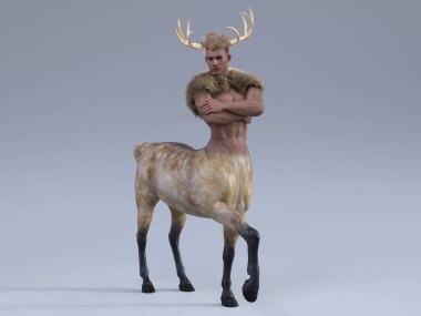 3D Hazırlama: Yakışıklı erkek Centaur 'ın portresi stüdyo arka planıyla vücuduna poz veriyor, sentor cinsi geyik boynuzuyla melez.