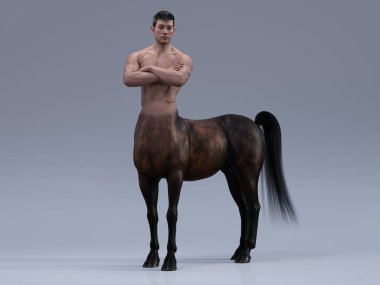 3D Resim: Stüdyo arka planında vücuduna poz veren yakışıklı bir erkek Centaur portresi
