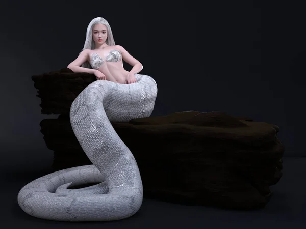 Render Uma Personagem Demoníaca Cobra Branca Feminina Está Sentada Rock — Fotografia de Stock