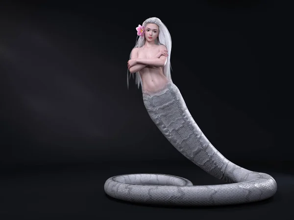 Render Uma Personagem Demônio Cobra Branca Feminina Com Flor Peônia — Fotografia de Stock