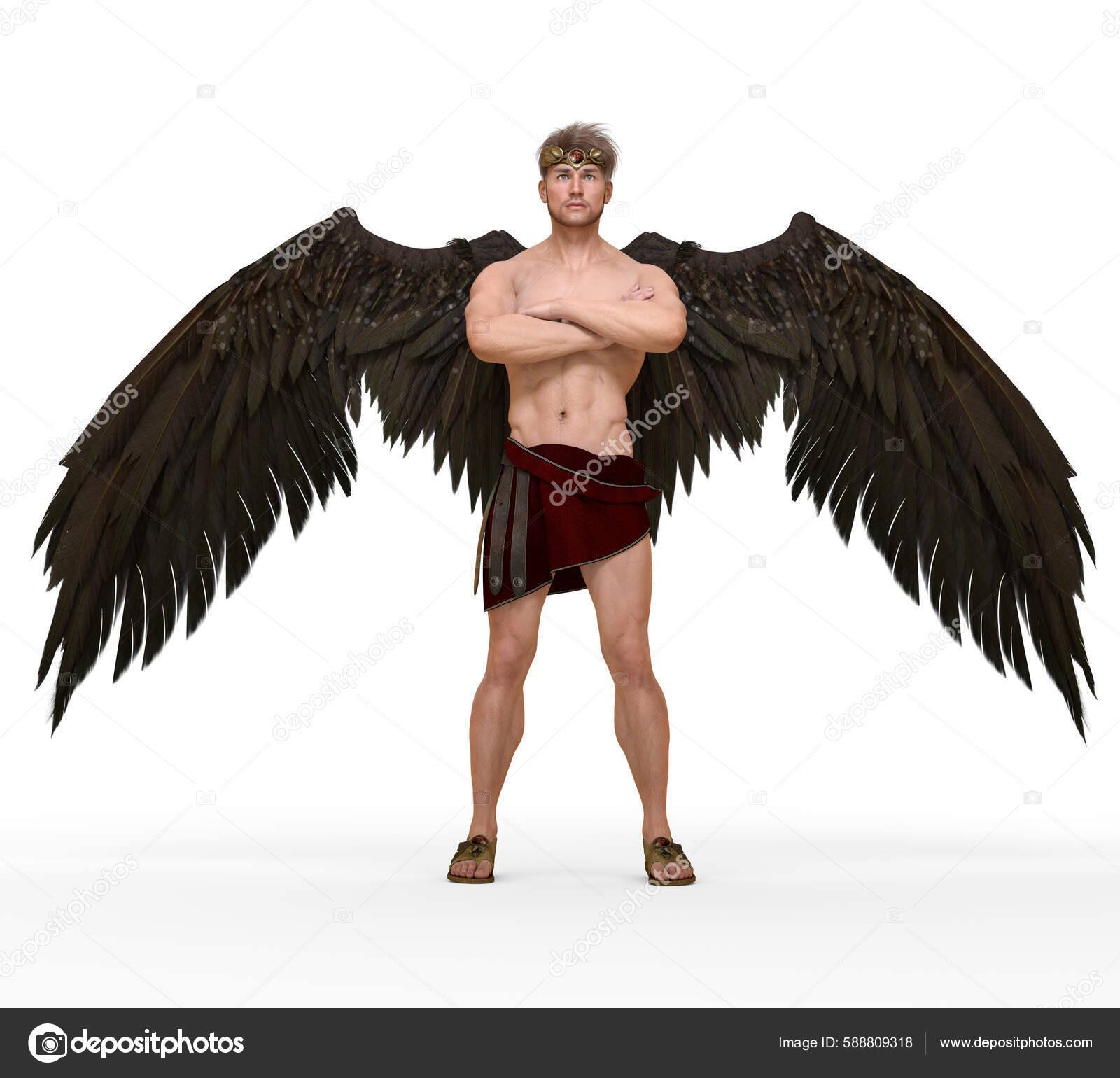 Render Portrait Handsome Warrior Male Angel Wings White Isolated