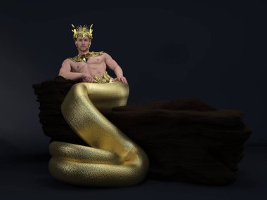 3D Render: Bir insan-yılan melez erkek yaratık, yarı yılan yarı insan, fantezi tanrısı erkek naga karakteri