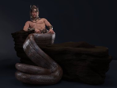 3D Render: Bir insan-yılan melez erkek yaratık, yarı yılan yarı insan, fantezi lordu erkek naga karakteri