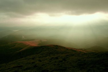 harika sonbahar gündoğumu görüntüleri dağlarda, sonbahar sabahı şafağı, doğa renkli arka plan, Karpatlar dağları, Ukrayna, Avrupa