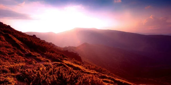 Dimmig Sommar Landskap Fantastisk Solnedgång Landskap Vacker Natur Bakgrund Bergen — Stockfoto