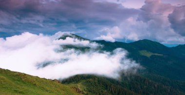 Manzaralı doğa manzarası, muhteşem gün batımı manzarası, dağlarda güzel bir sabah arkaplanı, Karpatya dağları, Ukrayna, Avrupa