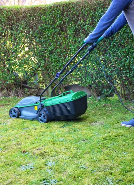 Trädgårdsmästare Klipper Gräsmattan Med Elektrisk Gräsklippare Maskin — Stockfoto