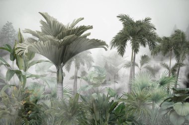 Sisli orman duvar kağıdı tasarımında tropikal ağaçlar ve yapraklar - 3 boyutlu illüstrasyon