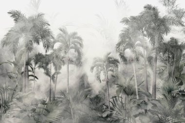 Sisli orman duvar kağıdı tasarımında tropikal ağaçlar ve yapraklar - 3 boyutlu illüstrasyon