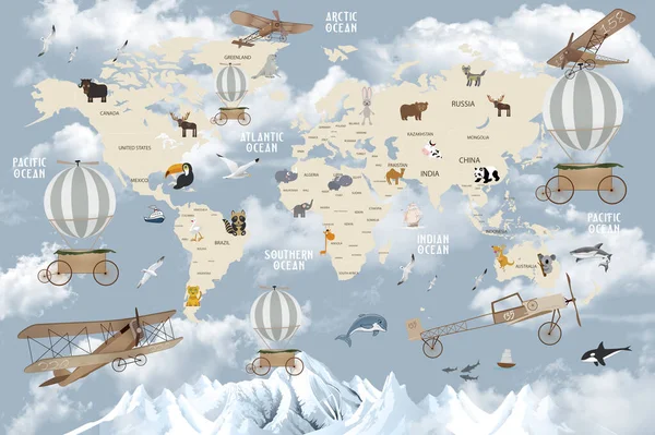 Hayvanlar Için Dünya Haritası Çocuklar Için Duvar Kağıdı Tasarımı — Stok fotoğraf