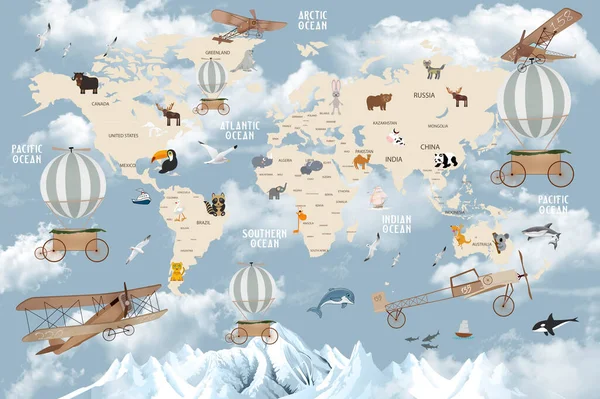 Animales Mapa Del Mundo Para Niños Fondo Pantalla Diseño —  Fotos de Stock