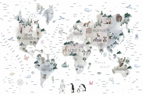 Animali Mappa Del Mondo Bambini Wallpaper Design — Foto Stock