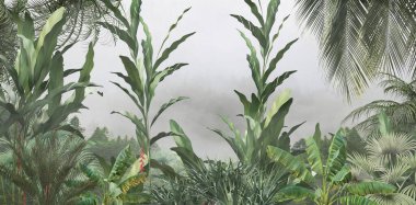 Tropikal ağaçlar ve yapraklar sisli ormanda duvar kağıdı tasarımı - 3 boyutlu illüstrasyon