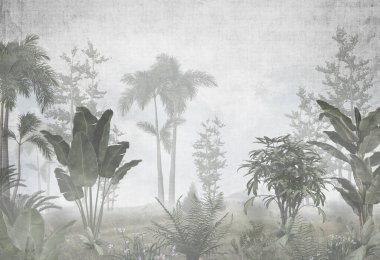 Tropikal ağaçlar ve yapraklar sisli ormanda duvar kağıdı tasarımı - 3 boyutlu illüstrasyon