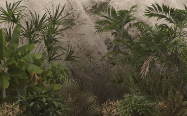 Sisli orman duvar kağıdı tasarımında tropikal ağaçlar ve yapraklar - 3 boyutlu illüstrasyon