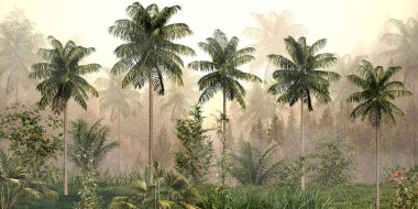 Sisli orman duvar kağıdı tasarımında tropikal ağaçlar ve yapraklar - 3 boyutlu illüstrasyon