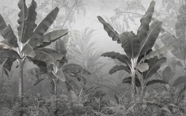 Sisli orman duvar kağıdı tasarımında tropikal ağaçlar ve yapraklar - 3 boyutlu illüstrasyon