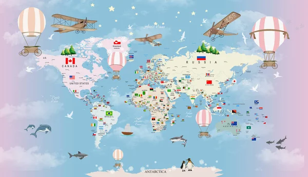 Dieren Wereldkaart Voor Kinderen Behang Ontwerp — Stockfoto