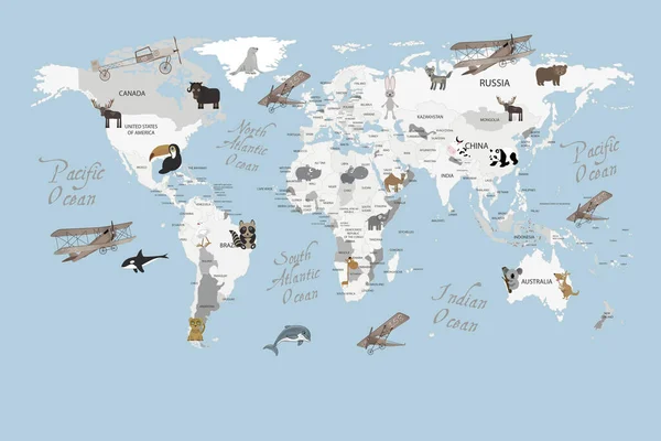 animals world map for kids wallpaper design