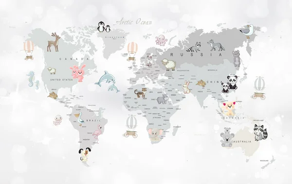 animals world map for kids wallpaper design