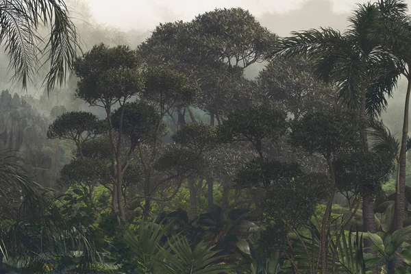 Tropiska Träd Och Blad Tapet Design Dimmig Skog Illustration — Stockfoto
