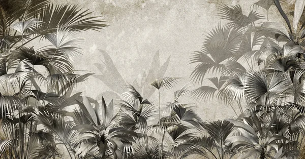Árboles Tropicales Hojas Diseño Papel Pintado Bosque Brumoso Ilustración —  Fotos de Stock