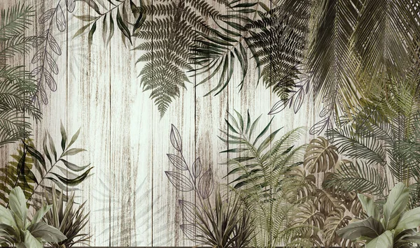 tropical trees and leaves wallpaper design in foggy forest - 3D illustration