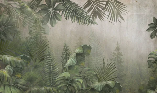 tropical trees and leaves in foggy forest wallpaper design - 3D illustration