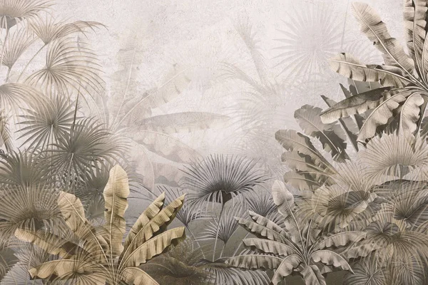 Sisli Orman Duvar Kağıdı Tasarımında Tropikal Ağaçlar Yapraklar Boyutlu Illüstrasyon — Stok fotoğraf