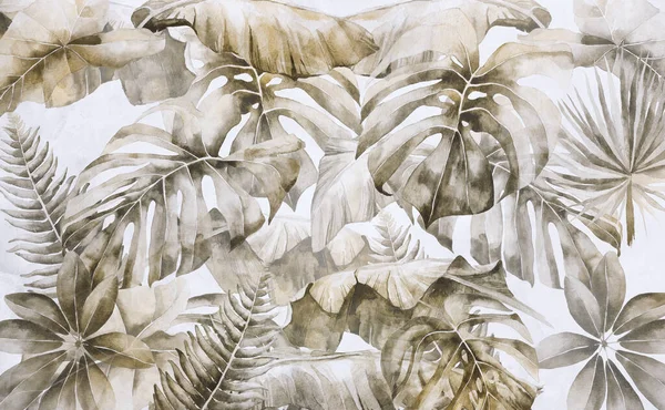 tropical trees and leaves in foggy forest wallpaper design - 3D illustration