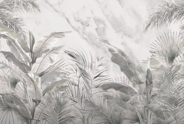 Sisli orman duvar kağıdı tasarımında tropikal ağaçlar ve yapraklar - 3 boyutlu illüstrasyon