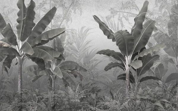 Sisli orman duvar kağıdı tasarımında tropikal ağaçlar ve yapraklar - 3 boyutlu illüstrasyon