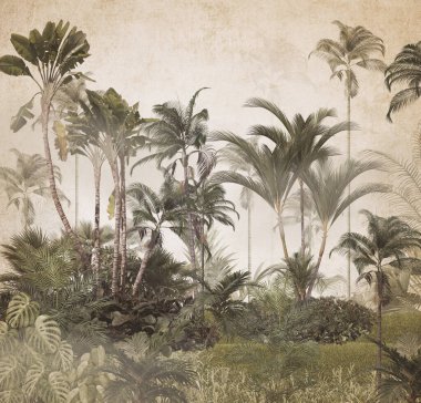 Sisli orman duvar kağıdı tasarımında tropikal ağaçlar ve yapraklar - 3 boyutlu illüstrasyon